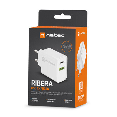 Ładowarka sieciowa Natec RIBERA 20W | 5-12V | 1.5-3.4A | 1 x USB QC 3.0 | 1 x USB-C PD | Biała