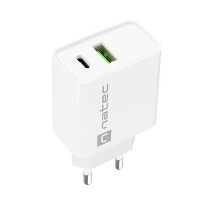 Ładowarka sieciowa Natec RIBERA 20W | 5-12V | 1.5-3.4A | 1 x USB QC 3.0 | 1 x USB-C PD | Biała