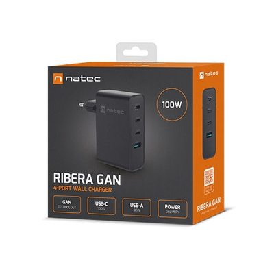Ładowarka sieciowa Natec RIBERA 100W GAN 3 x USB-C + 1 x USB-A PD, QC | Czarna