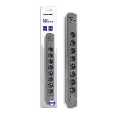 Listwa zasilająca antyprzepięciowa Qoltec 50285 / 8 gniazd / 1,8 m / szara / 2x USB