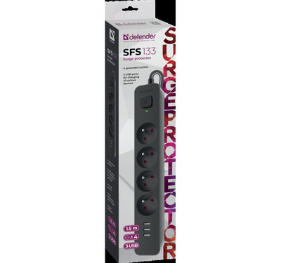 Listwa zasilająca Defender SFS 133 / 1,5 m / 4 gniazda / czarna / 3 x USB