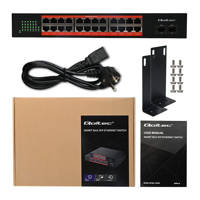 Switch Qoltec Gigabit 24x RJ45 | 2x SFP | 52 Gbps | Metalowy