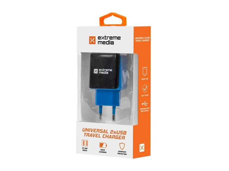 Ładowarka sieciowa Extreme Media NUC-0997 adapter napięcia 230V -> USB 2,1A x2 czarno-niebieska