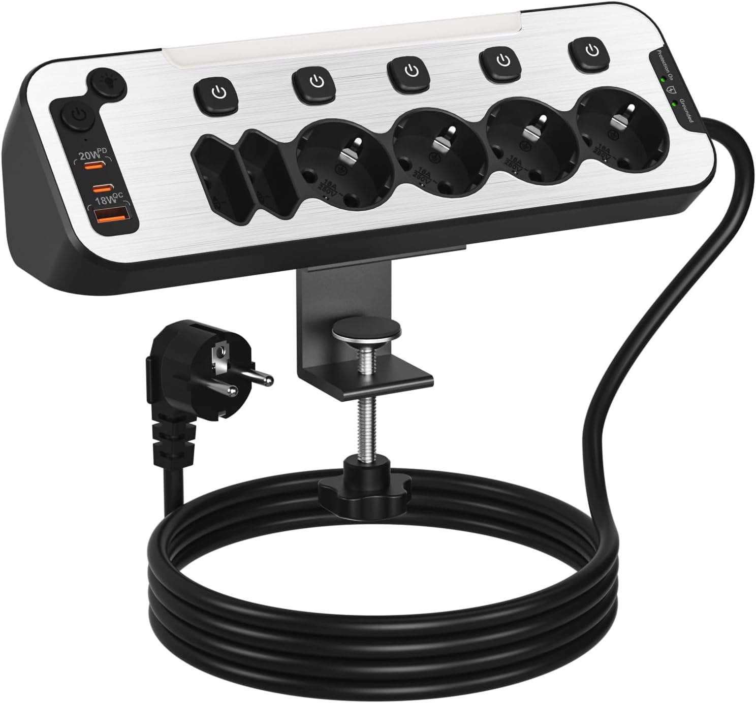 Listwa Zasilająca na Biurko 9w1 | USB-C PD 20W | Zacisk | Przeciwprzepięciowa
