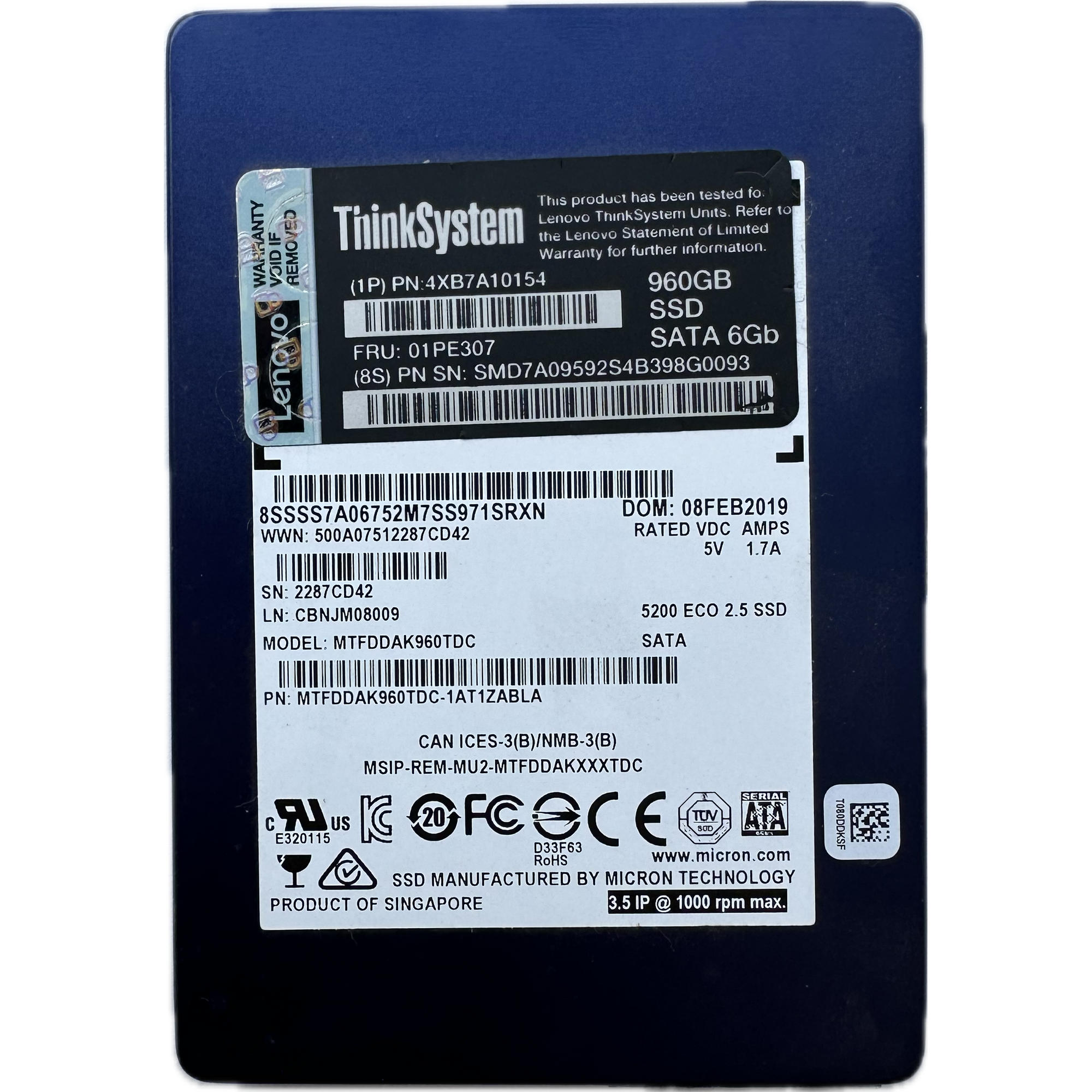 Dysk SSD / Micron 5200 MTFDDAK960TDC / 960 GB / SATA III / 2,5'' / FRU 01PE307