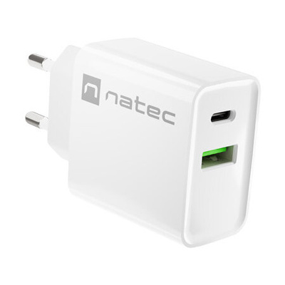 Ładowarka sieciowa Natec RIBERA 20W | 5-12V | 1.5-3.4A | 1 x USB QC 3.0 | 1 x USB-C PD | Biała