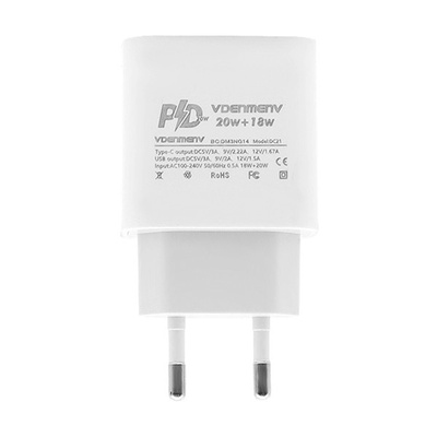 Ładowarka sieciowa Denmen USB+TYP-C 20W + 18W PD + QC 3.0, biała
