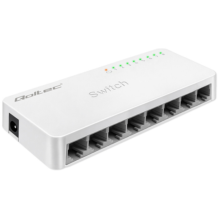 Switch Przełącznik Sieciowy Qoltec 8 Portów | 1000Mbps | Biały