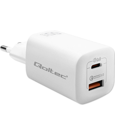 Ładowarka sieciowa Qoltec 50765 65W GaN ULTRA | 5-20V | 2.25-3.25A | 1 x USB typ C PD | 1 x USB QC 3.0 | Biała