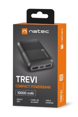 Powerbank Natec Trevi Compact NPB-1941 10000 mAh 2xUSB-A + 1xUSB-C, czarny